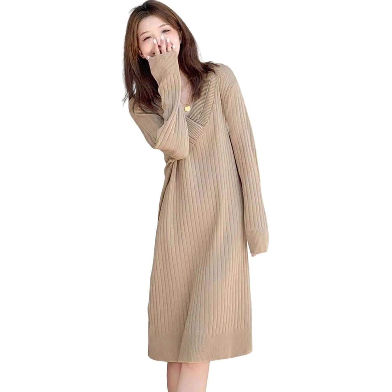 【縦長シルエット】ニットワンピース ロング Vネック リブニット ワンピース レディース セーターワンピース ロングワンピース ニットワンピ 膝下 ミモレ丈 ゆったり 体型カバー 着痩せ 細見え 縦ライン 伸縮性 ストレッチ リブ編み 無地 秋 冬 春 長袖 暖かい 防寒