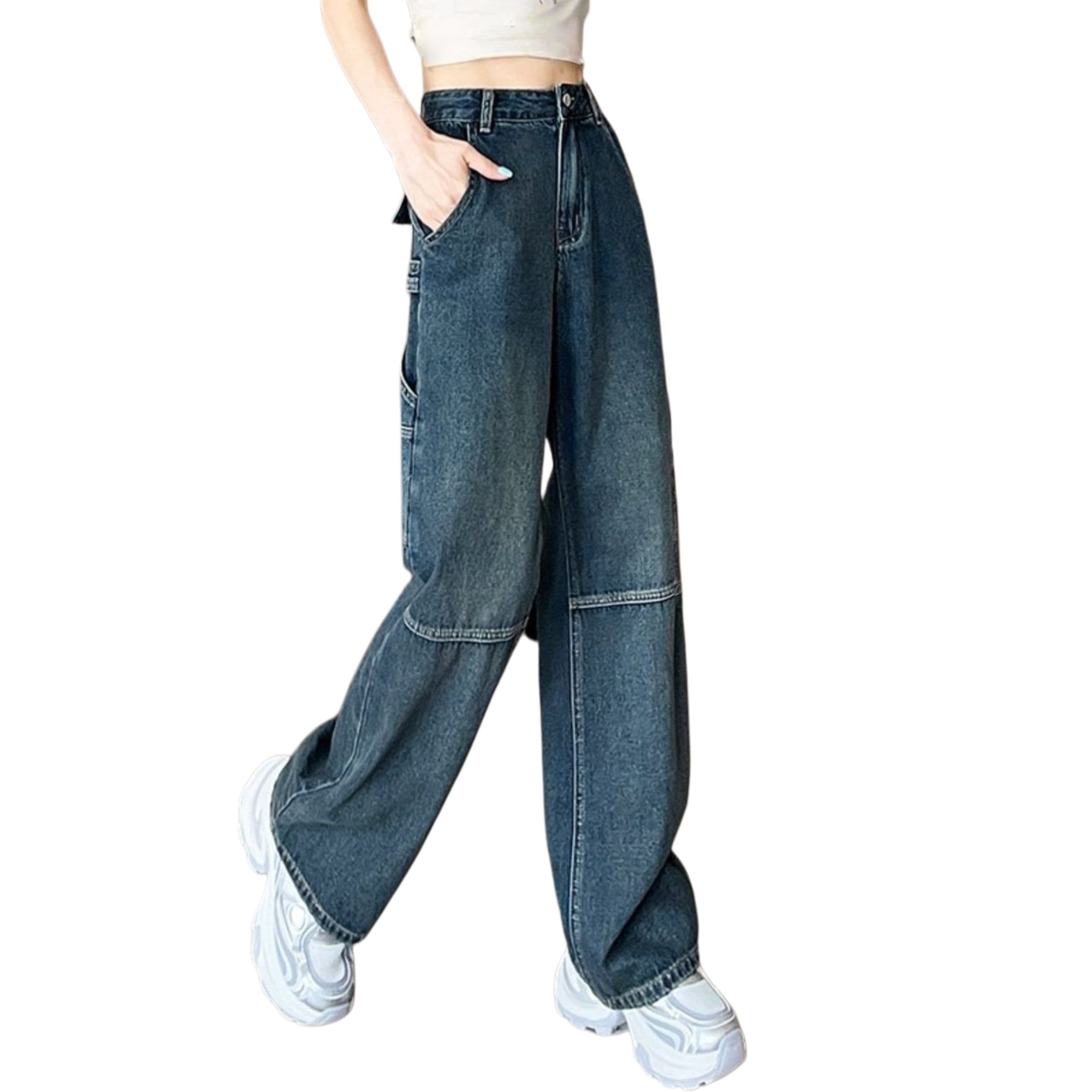 【美脚カーゴ】デニム ワイドパンツ レディース カーゴパンツ ハイウエスト ジーンズ ストレート ワークパンツ ジーパン ヴィンテージ風 ユーズド加工 ゆったり 体型カバー 脚長効果 着痩せ ズボン ボトムス ロングパンツ 膝切替 ステッチ ストリート カジュアル
