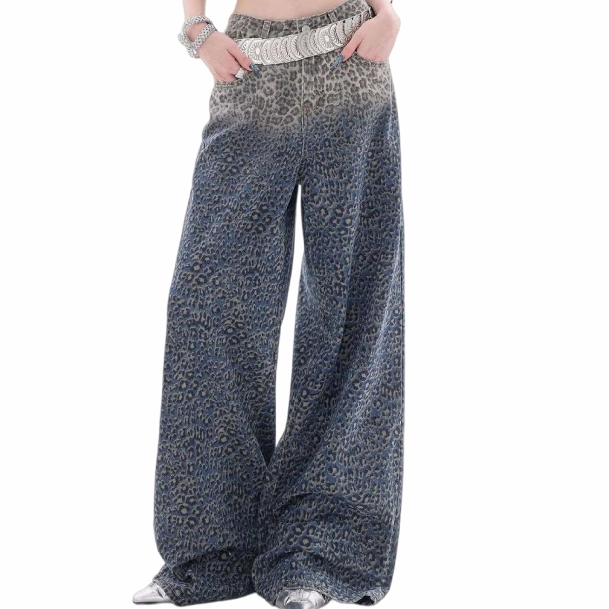 【Y2Kストリート】 ワイドパンツ レディース デニム ヒョウ柄 レオパード グラデーション ジーンズ ジーパン Ｇパン ボトムス ズボン ロングパンツ ハイウエスト ルーズ ゆったり 体型カバー 着痩せ 細見え 美脚 脚長効果 ヴィンテージ風 アメカジ 個性的 カジュアル