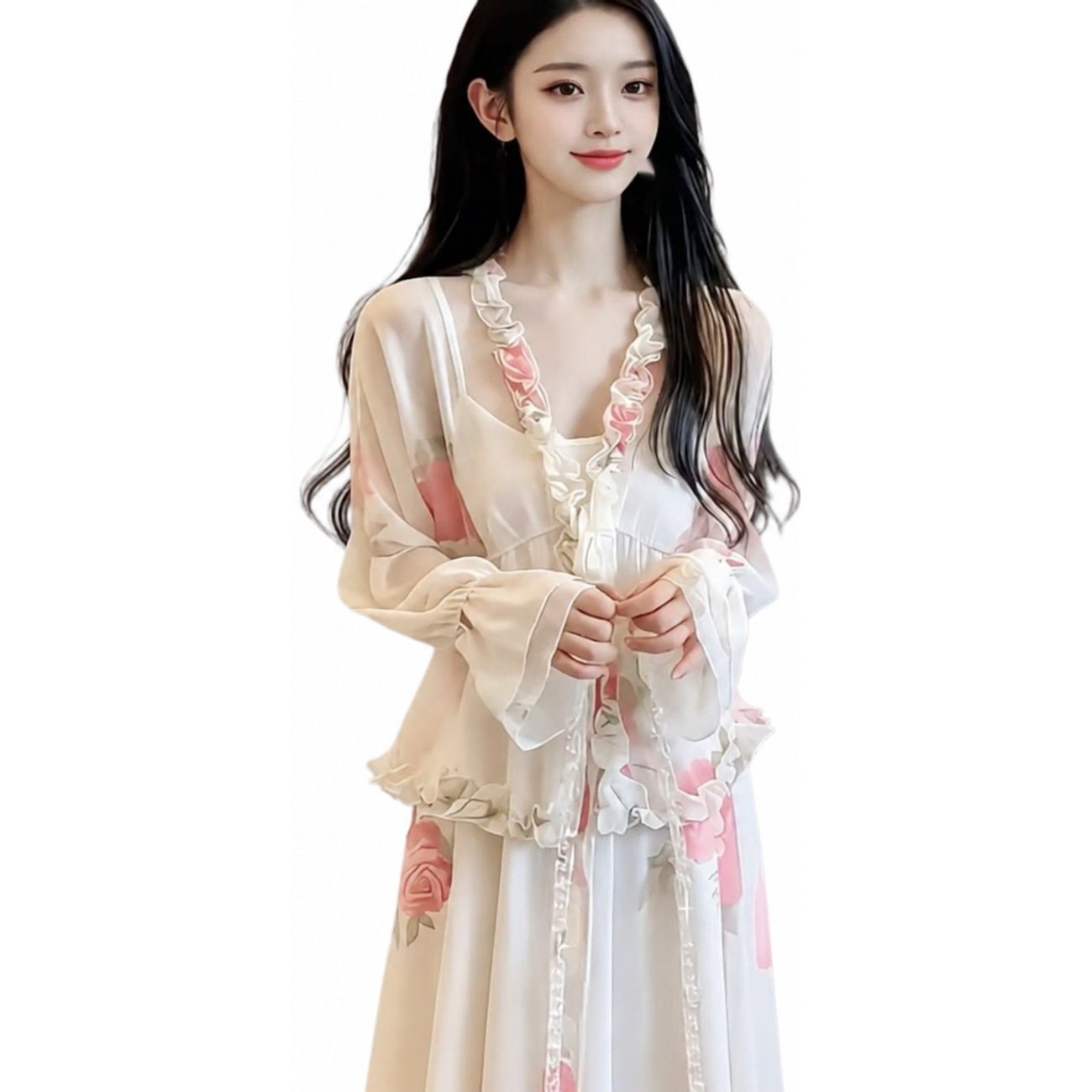 【上下仕掛ける】セットアップ レディース 春 夏 秋 花柄 トップ ロングスコート 2点仕掛ける シフォン シアー 透け感 Vのど首 フラウンス 音の大きさ袖 トップス スコート ロング丈 A生産ライン 体型押しかぶせる 着痩せ 二の腕押しかぶせる 成年者好いたらしい 好いたらしいめ 女子らしい 会う約束 お呼ばれ