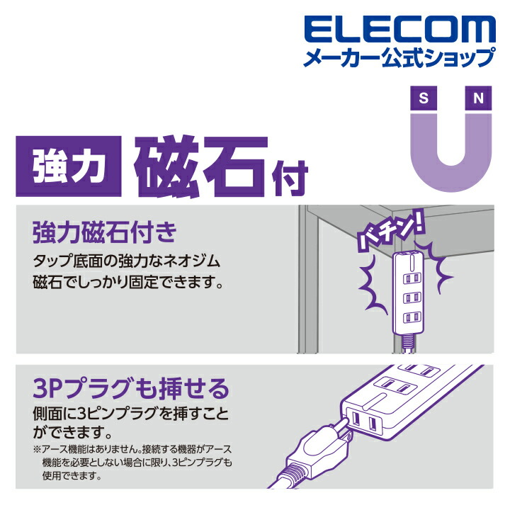 サービス エレコム 電源タップ 2m スタンダード雷サージ付 磁石タップ 4口 マグネット ほこり防止シャッター 4個口 内3ピン1 ホワイト T- KM01-2420WH pivopix.com