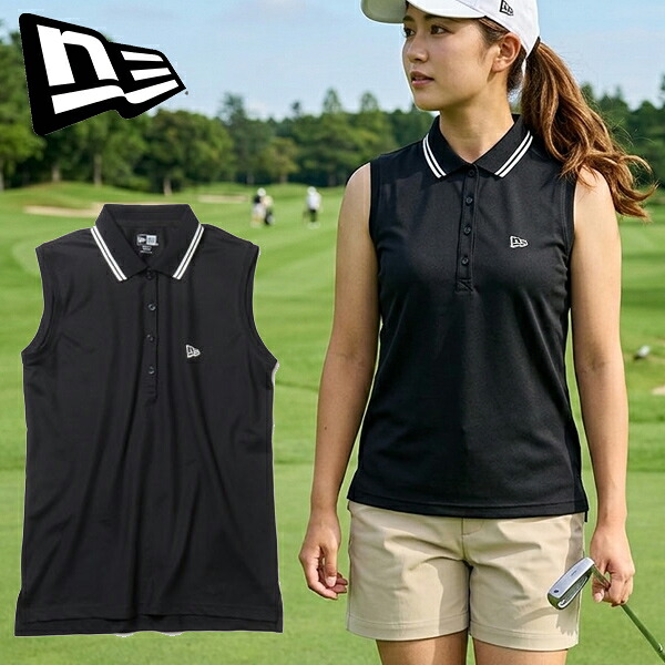 2026春夏新作 ネコポス発送！ゴルフウェア ノースリーブ ポロシャツ ニューエラ NEW ERA GFW SLEEVELESS POLO レディース Tシャツ UVカット 抗菌加工 ブラック 黒 14859884