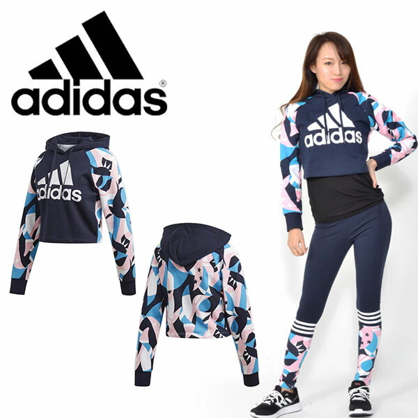 30%OFFアディダスadidasWS2Sオールオーバープリントフーディーレディースショート丈パーカースウェットスエットビッグロゴトレーナープルオーバースポーツウェアトレーニングウェアジム2019春新作FRU76【あす楽対応】