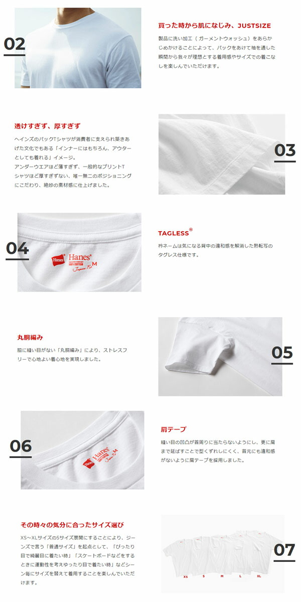 Begin掲載2枚組半袖TシャツヘインズHanesメンズ2PJapanFitクルーネックTシャツ無地赤パックレッドパックジャパンフィットコットン100%ホワイト2着