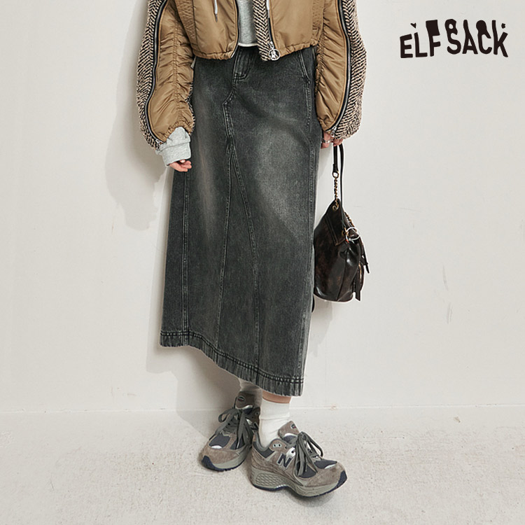 ELFSACK キュート Aライン　ハイウエスト デニム ロングスカート 