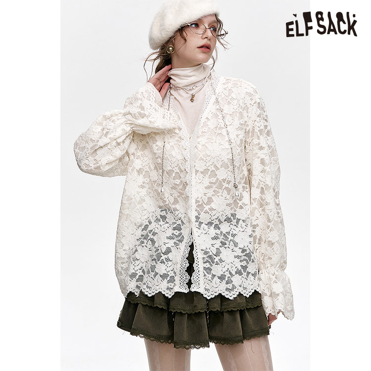 ELF SACK エルフサック トップス ブラウス レディース かわいい 長袖 白 セクシー フリル シフォン Long Sleeves ELF SACK エルフサック トップス ブラウス レディース かわいい