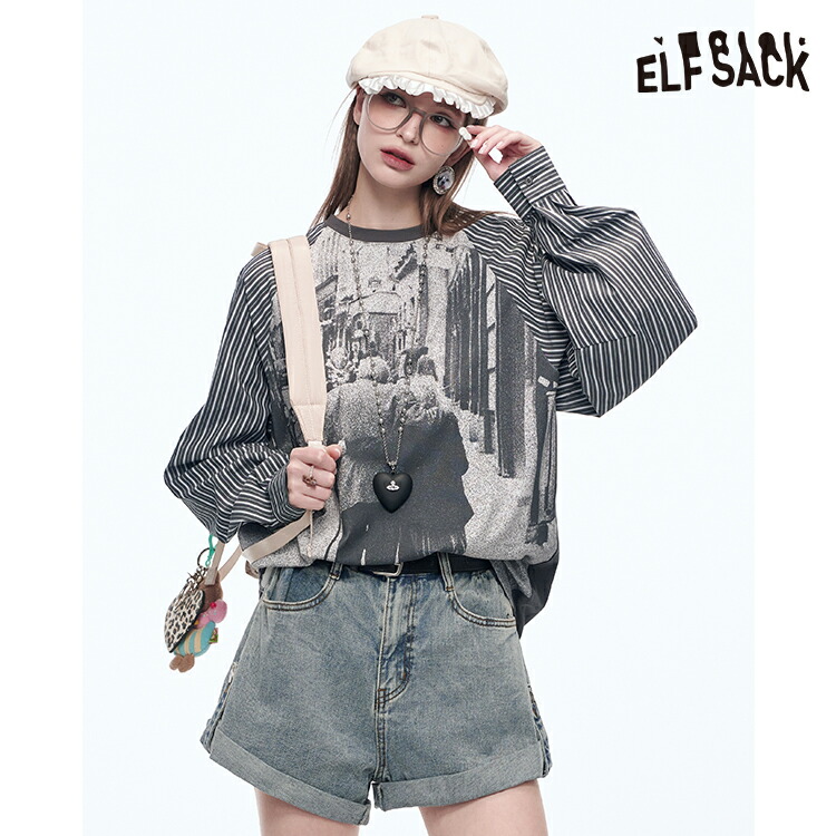 ELFSACK Tシャツ トップス バイカラー プリント 半袖 ELFSACK プリント 半袖Tシャツ 半袖 トップス デザイン
