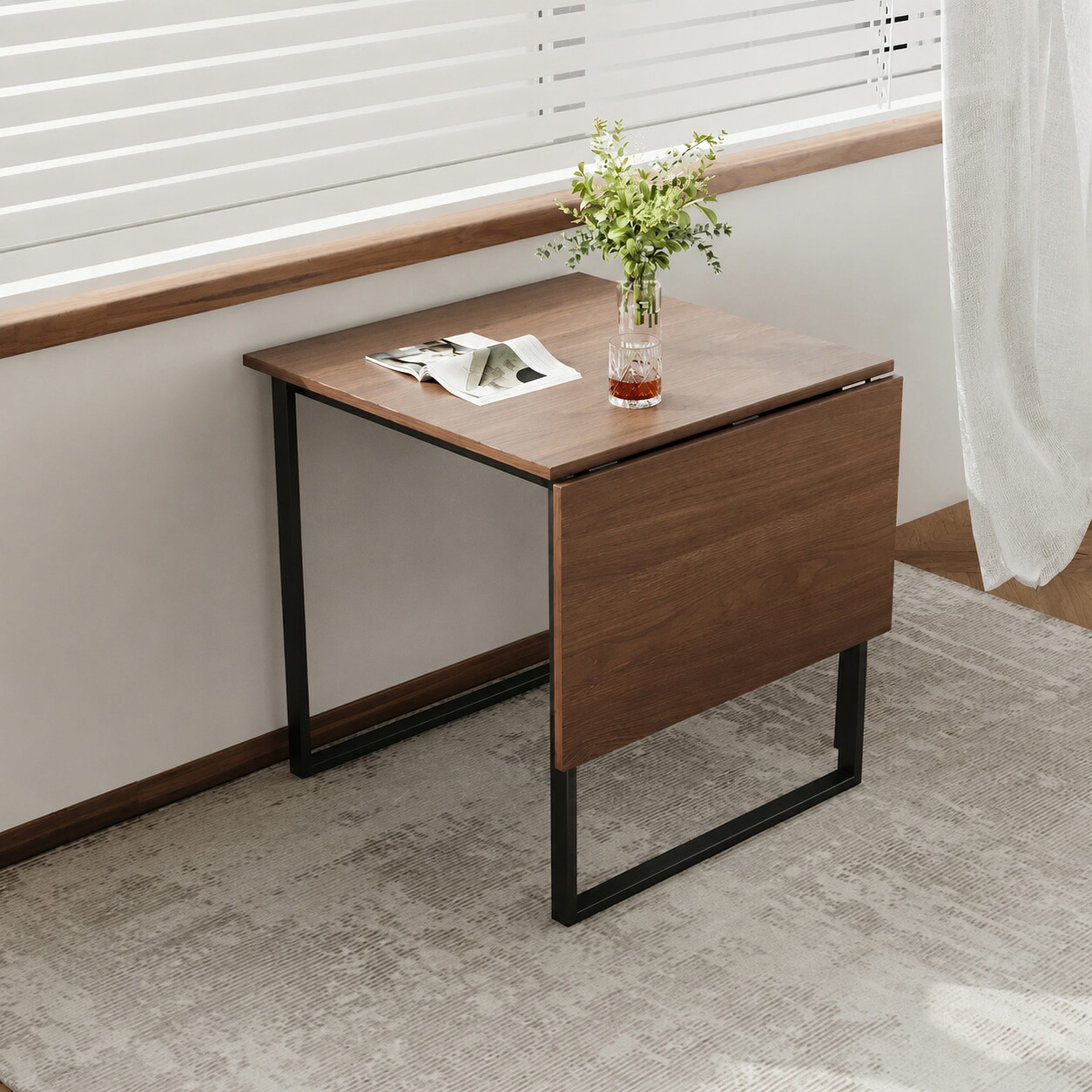 Olyzion 伸縮式ダイニングテーブル バタフライテーブル 75cm→120cm 木目調天板 ブラックアイアン脚 耐荷重50kg/30kg 2人用/3-4人用 省スペース 組立式|オライジョン