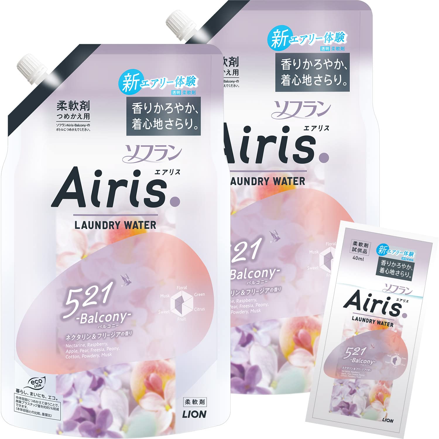 まとめ買い 大容量 AIRIS ソフラン エアリス バルコニー (ネクタリンフリージアの香り) 液体 柔軟剤 詰め替え 850ml×2個セット おまけ付き画像