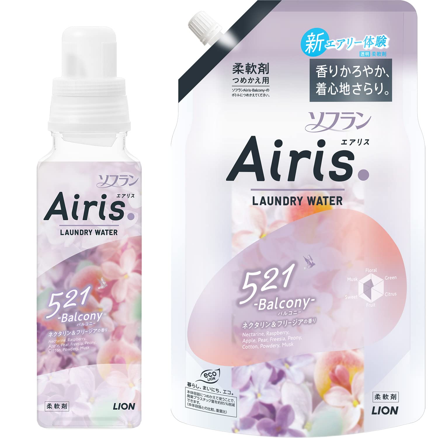 まとめ買い AIRIS ソフラン エアリス バルコニー (ネクタリンフリージアの香り) 柔軟剤 本体 480ml+詰め替え 850ml画像