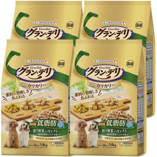 容れもの売りわたすグラン・デリ ドックボンネット 素っ気ない カリカリ仕立て 成犬用 低あぶら身 彩どり蔬菜入り口・入口選りわける あぶら身分約25%撥ねのける 6.4kg(1.6kg×4個) 国産 ユニ引きつける
