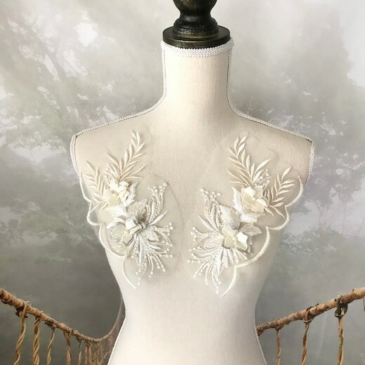 チュールモチーフ シャンパン パール付 花 刺繍 手作り 衣装 装飾