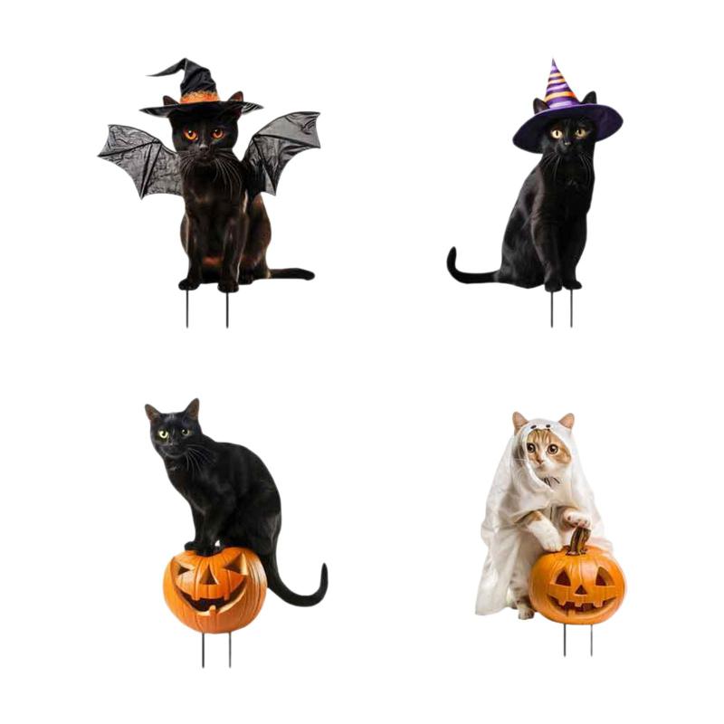 4つの猫の像.庭の杭.動物の彫刻.ハロウィーンの装飾.