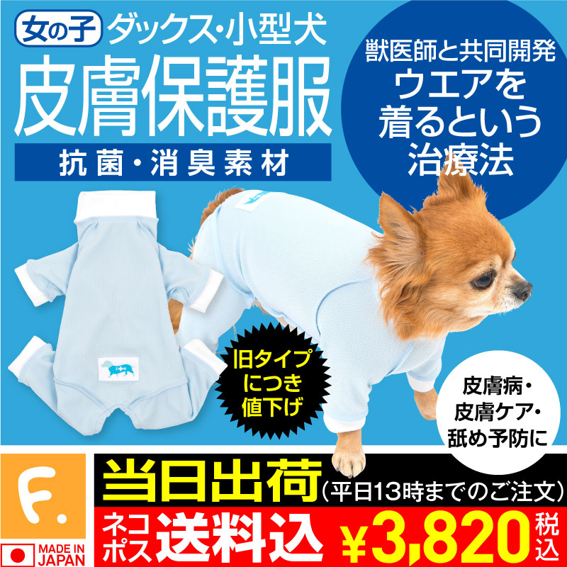 楽天市場 旧タイプのため特価 アトピー アレルギー 舐め対策 獣医師推奨 皮膚保護服スキンウエア R 旧名エリザベスウエア 女の子 雌 ダックス 小型犬用 返品不可 ネコポス値3 ダックス チワワ トイプードル 介護服 エリザベスカラー ガード スーツ