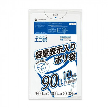 ECO TAI エコ袋 容量表示入りポリ袋90L KC-98 白半透明 10枚×30冊|ELMONO(家具 ラグ カーペット)