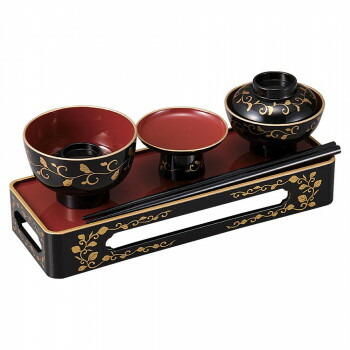 略式仏膳 黒(内朱・フチ金)蒔絵総唐草 6.5寸