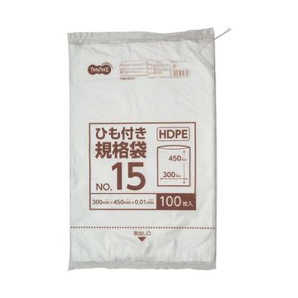 (まとめ)TANOSEE HDPE規格袋 紐あり15号 ヨコ300×タテ450×厚み0.01mm 1パック(100枚)【×50セット】