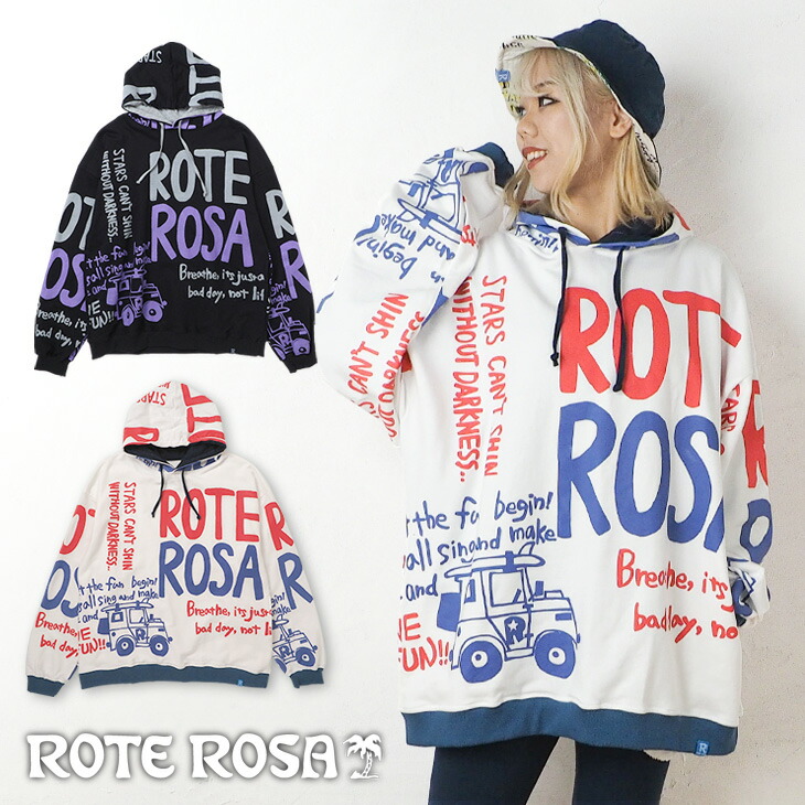 貨物輸送無料 ROTE ROSA(ローテローザ)ロゴフルプリントパーカートレーナー レディース トップス 長袖 ボンネット付き添い人 流汗 総柄 表どおり 心地よい たまり場 エスニック ゆったり 厚地の外套大きさ 大きめ