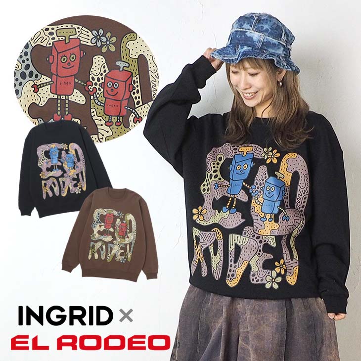 送料無料 INGRID コラボ ロボロゴ トレーナー レディース トップス 長袖 スウェット 丸首 メンズ ユニセックス 男女兼用 オーバーサイズ ゆったり 大きい 大きめ カジュアル プリント アート イラスト ダークカラー XL｜EL RODEO 店
