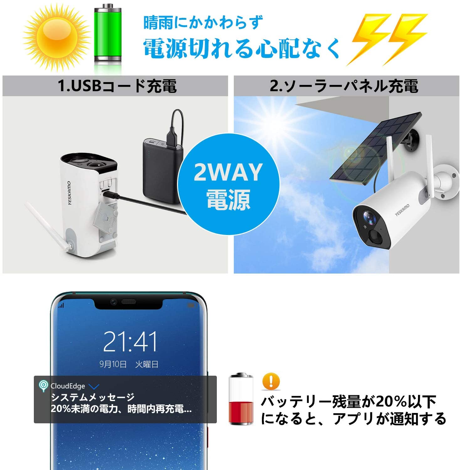 最新型 Yeskamo 防犯カメラ カメラ 防犯 ネットワークカメラ ワイヤレス 無線 録音 高画質 高機能 多機能 ma大容量 電池式 監視カメラ 屋外 人体検知センサー ソーラーパネル 防水防塵 長時間録音 Usb充電 Ios Android スマホのみ対応 Sdカード録画 白