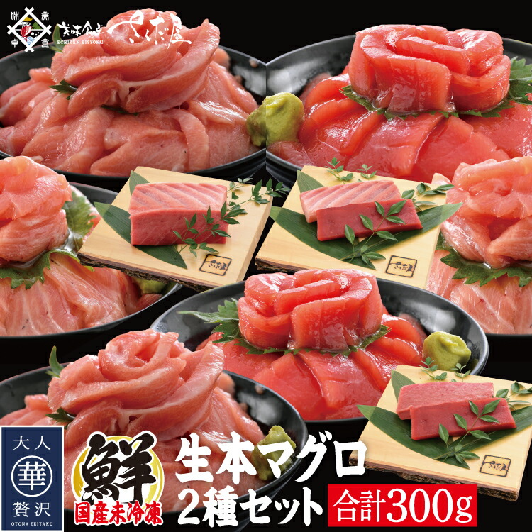 海鮮 ギフト 詰め合わせ 国産生本マグロ 選べる２種セット 合計300g 【冷蔵便】 本鮪 刺し身 未冷凍 生まぐろ 海鮮丼 贈り物 送料無料 美味しい贈物 母の日 父の日