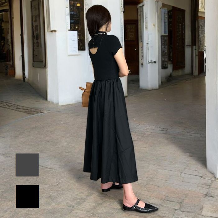 【SALE】Back open リブニットドッキングワンピース|e-m connection