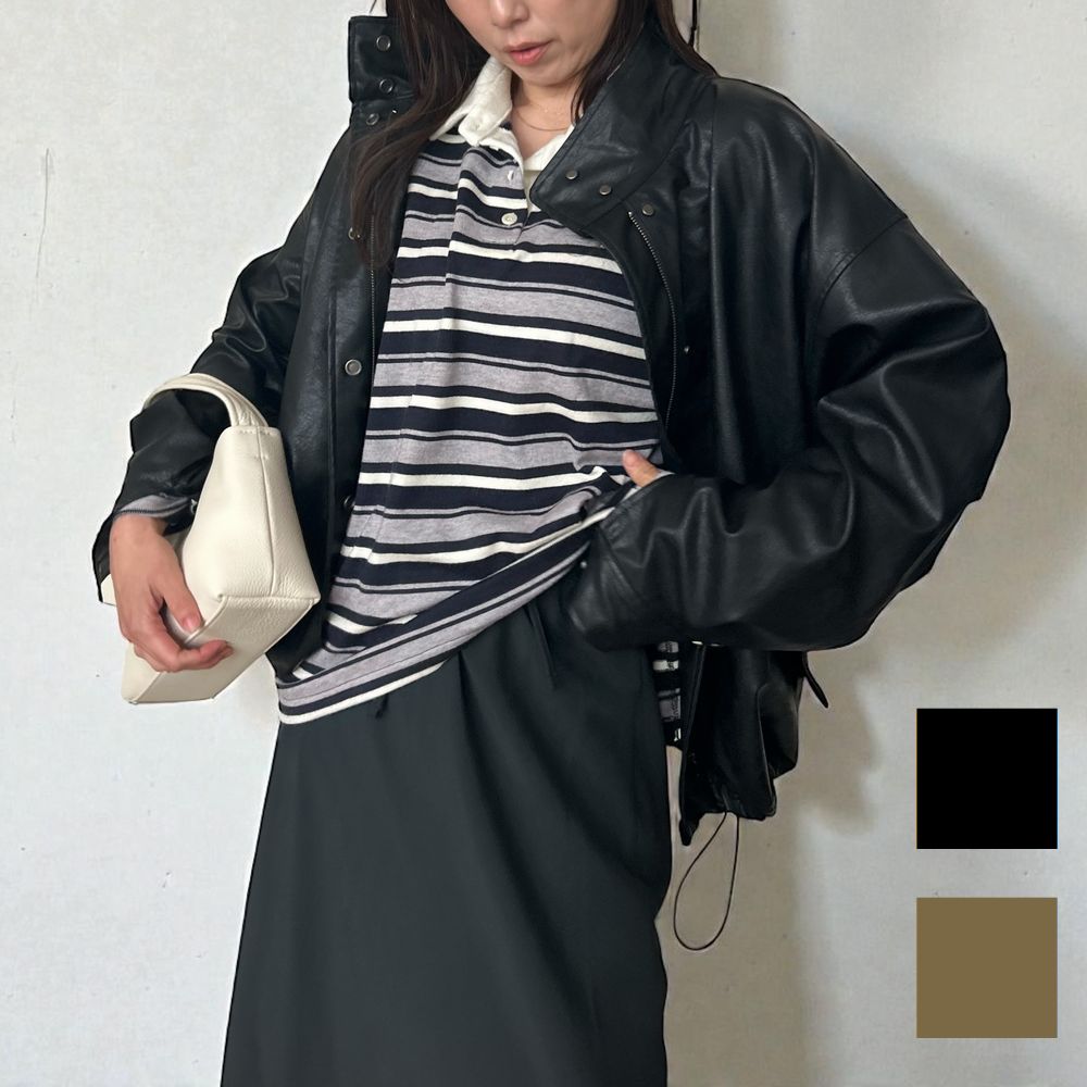 Eco leather スタンドカラージップブルゾン / カーキ 黒いこと