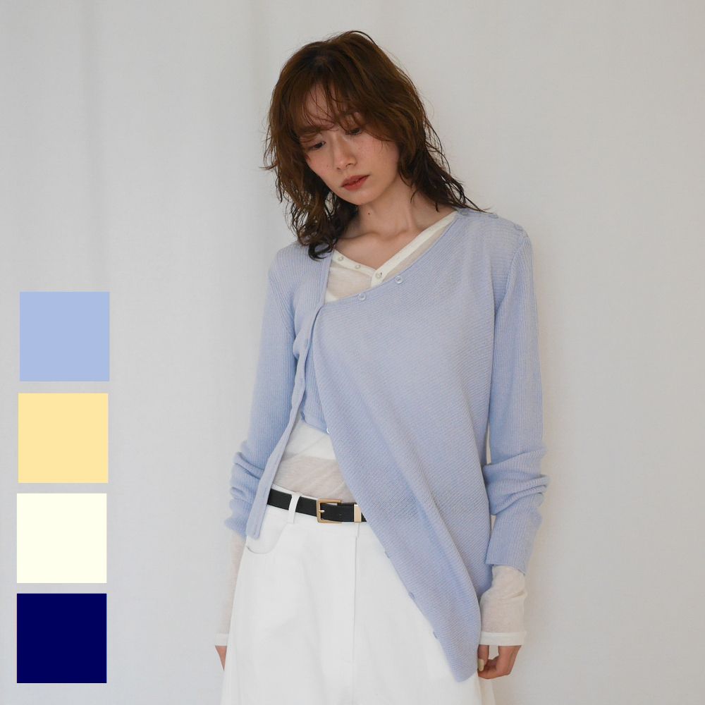 Asymmetric button-down リブニットカーディガン / 米国海軍 象牙色 乳酪黄色 地びた青み