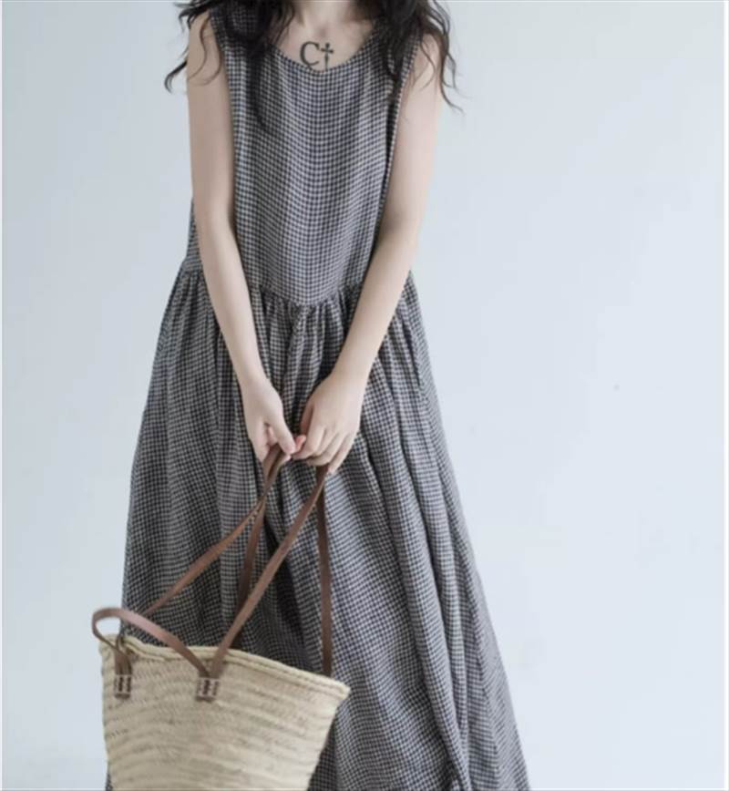 ワンピース フレアワンピース Aライン ロング丈 ノースリーブ ラウンドネック チェック ラフ ガーリー 大人可愛い きれいめ カジュアル 大人女子 夏 10代 20代 30代 40代 レディース ママ 学生 通学 デート お出かけ 体型カバー ゆったりウエスト ゆる 楽ちん インスタ映え|エマノンストア店