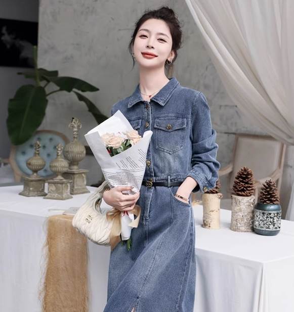 ワンピース デニムワンピース ロング ロング丈 袖あり 長袖 ラウンドネック 襟なし セミフレア Aライン スリット サイドスリット ポケット デニム ブルーデニム かわいい 大人可愛い シンプル カジュアル おしゃれ お洒落 レトロ アジアン エスニック エキゾチック ラフ ta2283.jpg