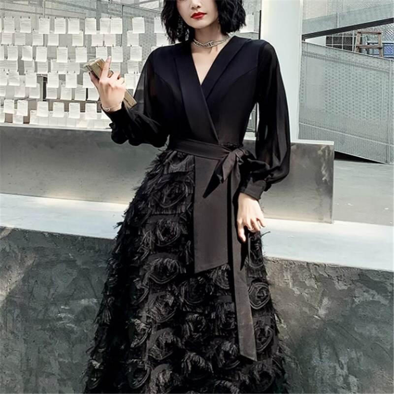 ドレス パーティードレス バラのリボン フェザー ロングドレス ロング ロング丈 袖あり 長袖 パフスリーブ Vネック カシュクール ミッドウエスト エレガント 無地 レディース パーティー イベント イブニングドレス