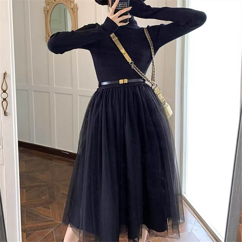 ドレス パーティドレス ロングドレス ロング ロング丈 袖あり 長袖 ハイカラー Aライン ハイウエスト おしゃれ かっこいい 大人女子 こなれ感 エレガント 無地 20代 30代 レディース パーティー イベント 美容師 メイクアップアーティスト ネイリスト アパレルスタッフ