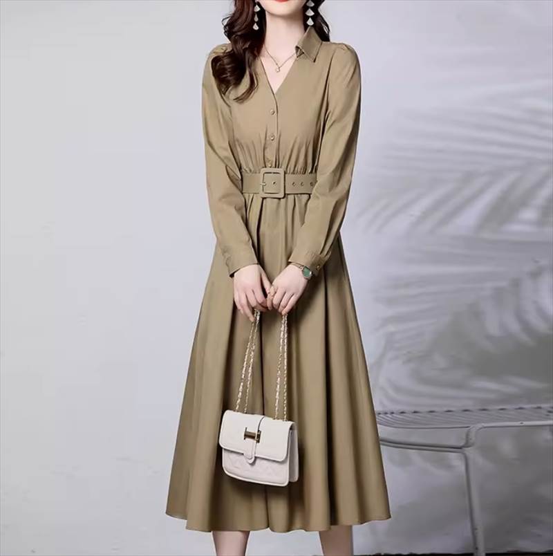ワンピース シャツワンピース ロング丈 長袖 Vネック ジョニーカラー フロントボタン ウエストベルト ハイウエスト かわいい 大人可愛い きれいめ シンプル カジュアル 大人 上品 おしゃれ お洒落 大人女子 こなれ感 個性的 主役級 存在感 オケージョン｜エマノンストア店