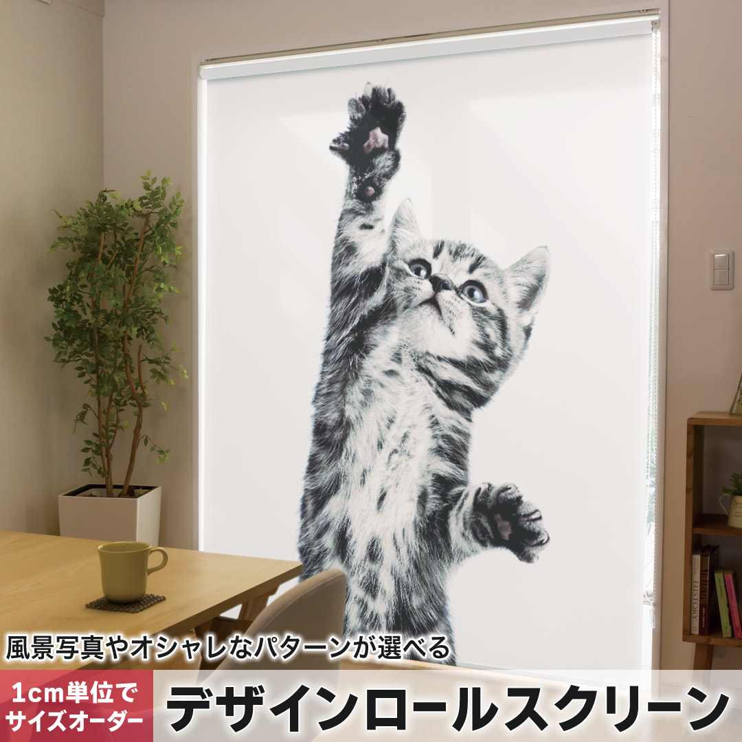 1cm単位サイズオーダー ロールスクリーン ロールカーテン オーダーメイド タチカワ 日本製 間仕切り カーテン 採光 非遮光 目隠し UVカット カーテンレール チェーン式 プル式 ネコ 動物 001200