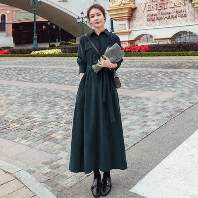 シンプル きれいめ 大人可愛い かわいい ベルベット ウエストベルト ハーフボタン 角襟 長袖 シャツワンピース ロングワンピース