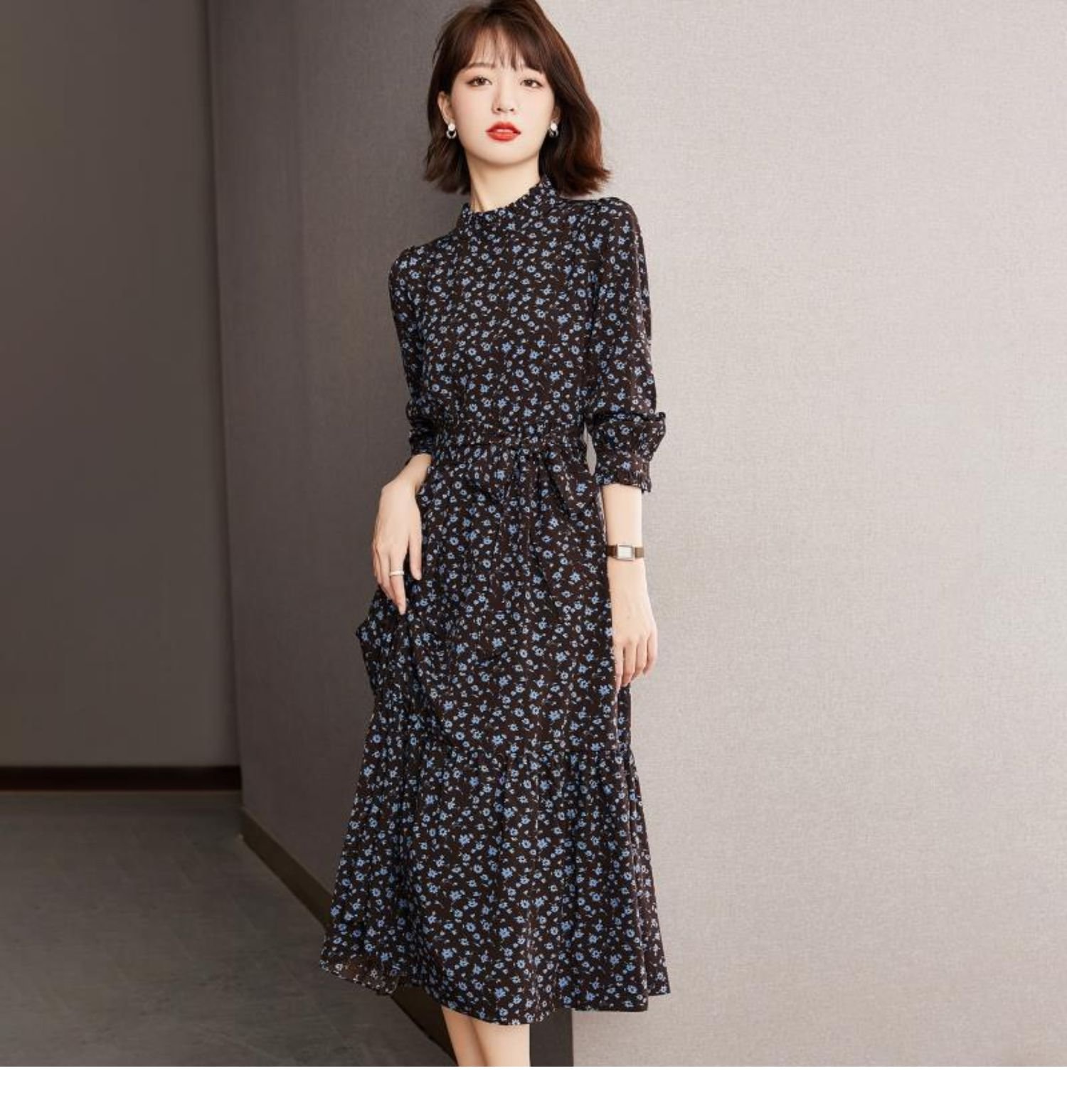 ロングシーズ 花柄 クール 個性的 おしゃれ 上品 大人可愛い 薄手 ウエストリボン Aライン スタンドカラー 長袖 膝下 ワンピース｜EMI Felice shop 店