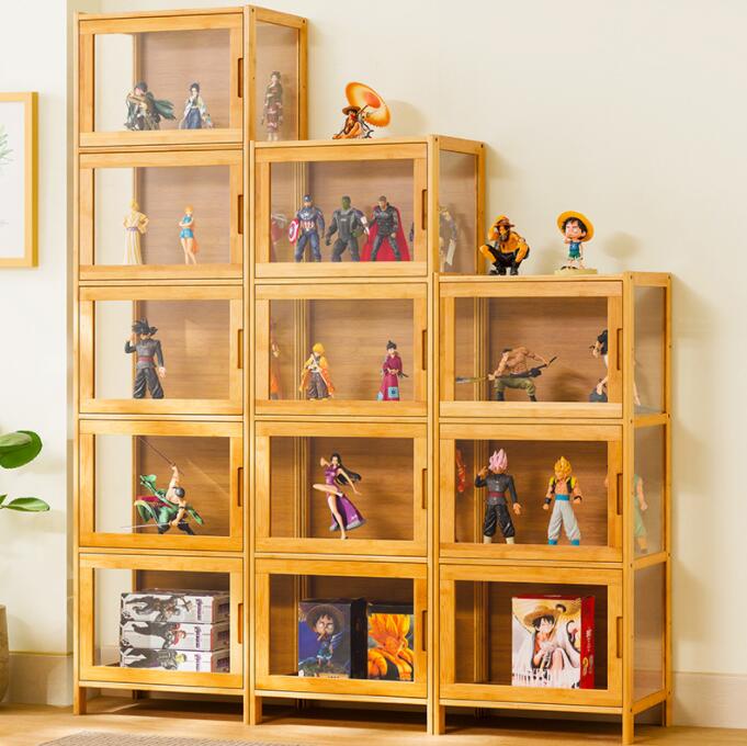 アクリル コレクションケース 上下スライド式扉 竹製 3層/4層/5層/6層　大型 ロータイプ フィギュアコレクション棚 ガラスケース 収納 完全密封 大容量 透明 フレーム 耐荷重抜群 透明展示ケース 組み立て式 転倒防止 ディスプレイ｜EMI Felice shop 店