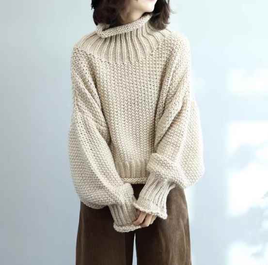 シンプル 大人可愛い かわいい 厚手 針編み 編み込み オーバーサイズ ハイネック ボリューム袖 長袖 セーター ニット トップス