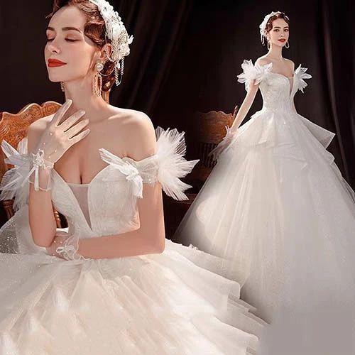 ウェディングドレス オフショルダー 花嫁ドレス プレンセンスドレス 結婚式 二次会 演奏会 披露宴 ロングドレス 発表会 コンサート 大きいサイズ 小さいサイズ フォーマル 前撮り リゾート パーティードレス 海外挙式 ピアノ エレガント プリンセスライン 編み上げ