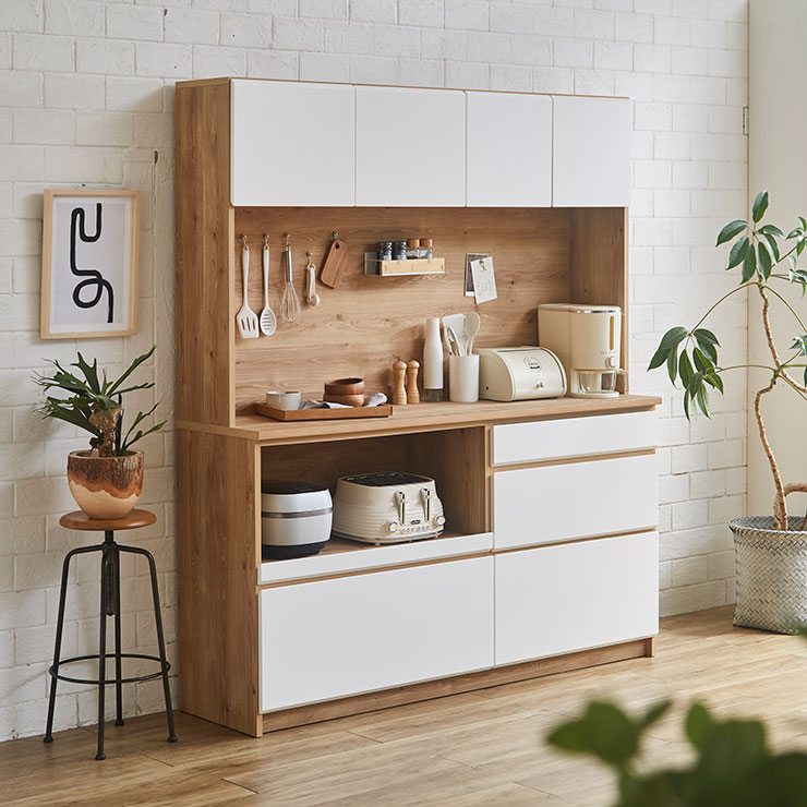 ★最大1万円OFFクーポン★食器棚 完成品 レンジ台 キッチン収納 家電収納 キッチンボード レンジボード マカロン 幅170.2cm 収納 棚 ラック リビング 炊飯器 トースター 電子レンジ台 キッチンストッカー 引き出し 大容量 大川家具｜レーザー雑貨インテリアKAGUCOCO