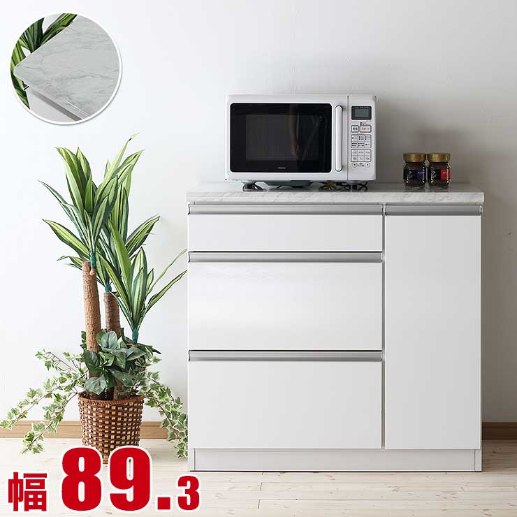 ★最大1万円OFFクーポン★キッチンカウンター 大川家具 収納 完成品 90 レンジラック 大理石調天板とツヤツヤ鏡面のキッチン収納 ラミ カウンター 幅89cm 日本製 ロータイプ 食器棚 一人暮らし 間仕切り 背面化粧｜レーザー雑貨インテリアKAGUCOCO