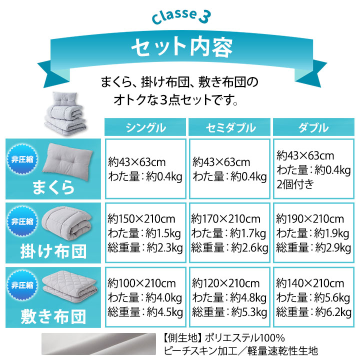 日本製布団3点セットクラッセ3非圧縮ふんわりタイプ抗菌防臭防ダニ