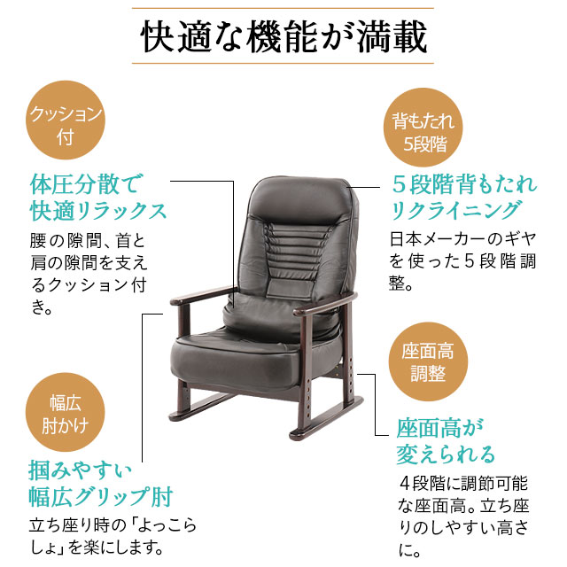 高座椅子組立不要すぐに使える完成品きらくリクライニング肘付き高さ調節肘付き木製肘クッション付き