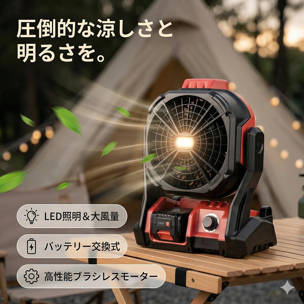 【18Vマキタバッテリー互換】 アウトドア 扇風機 キャンプ アウトドア コードレス 21V 充電式 サーキュレーター LEDライト付き 強風 静音 吊り下げ ブラシレスモーター IP54 防水 防塵 車中泊 防災グッズ 屋外 作業用 暑さ対策|E&M STUDIO