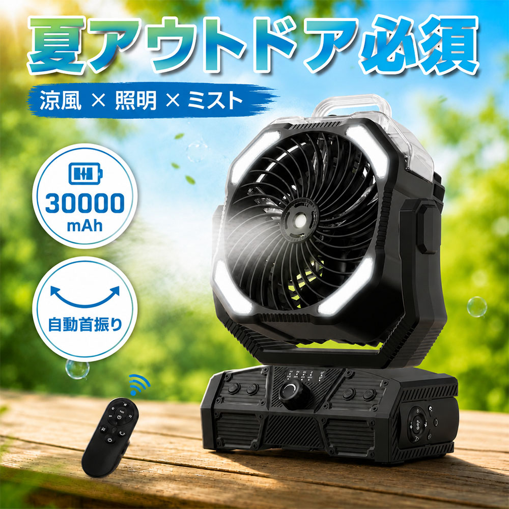 「ミスト&times;照明&times;30000mAh」アウトドア 扇風機 USB 自動首振り 充電式 コードレス ミストファン 屋外 ポータブル キャンプ 扇風機 小型 タイマー 噴霧 卓上 吊り下げ 緊急時充電 静音 強力 長時間 省エネ 防災 リモコン付属 釣り 夏キャンプ 暑さ対策｜E＆M STUDIO 9,660円