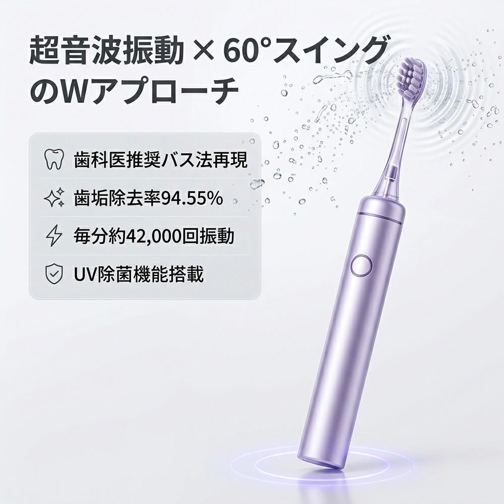 【次世代の磨き心地】電動歯ブラシ 音波式 振動 スイング 60°回転 掃振一体 歯垢除去 UV除菌 365nm波長 スイング×振動 Wクリーン 4.2万回/分 バス法再現 4モード搭載 60日持続 歯周病予防 歯垢除去94.5% IPX7防水 充電式 家族 贈り物 2026最新