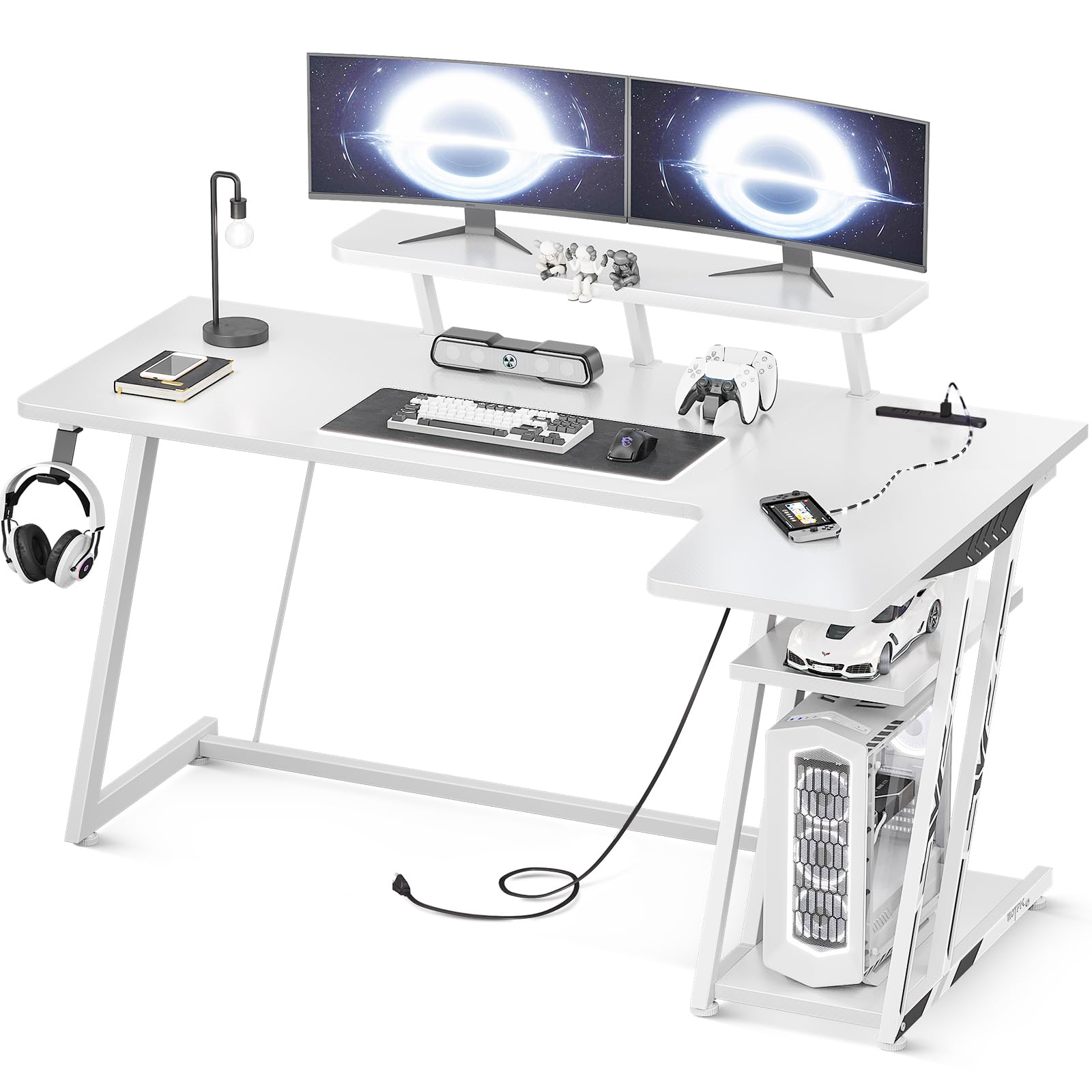 パソコンデスク ゲーミングデスク ラック＆コンセントプリンター台付き(ホワイト) 楽天市場】ゲーミングデスク L字 パソコンデスク コンセント付き l字