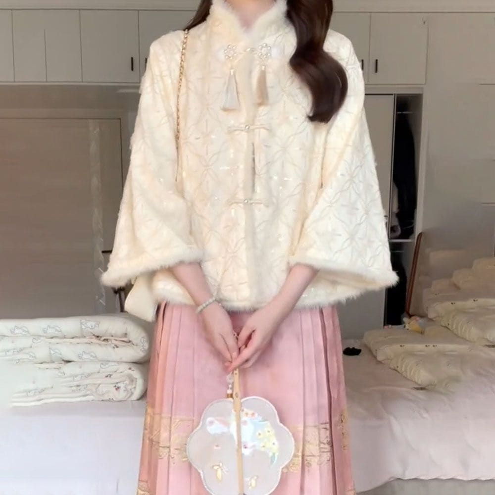 裏起毛ファッション 深冬服に新中式婦人服国風漢服のダウンと厚手のコートを組み合わせたピンクの馬面スカートセット