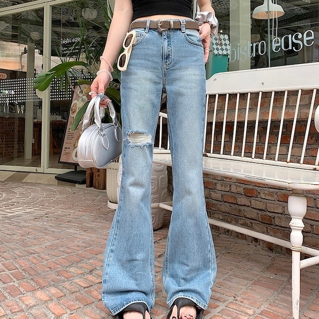 パンツ デニム ジーンズ ワイドレッグ ハイウエスト 脚長効果 美脚効果 細見え ダメージ加工 夏 カジュアル おしゃれ かわいい 韓国ファッション レディース お出かけ|エムーエムショップ