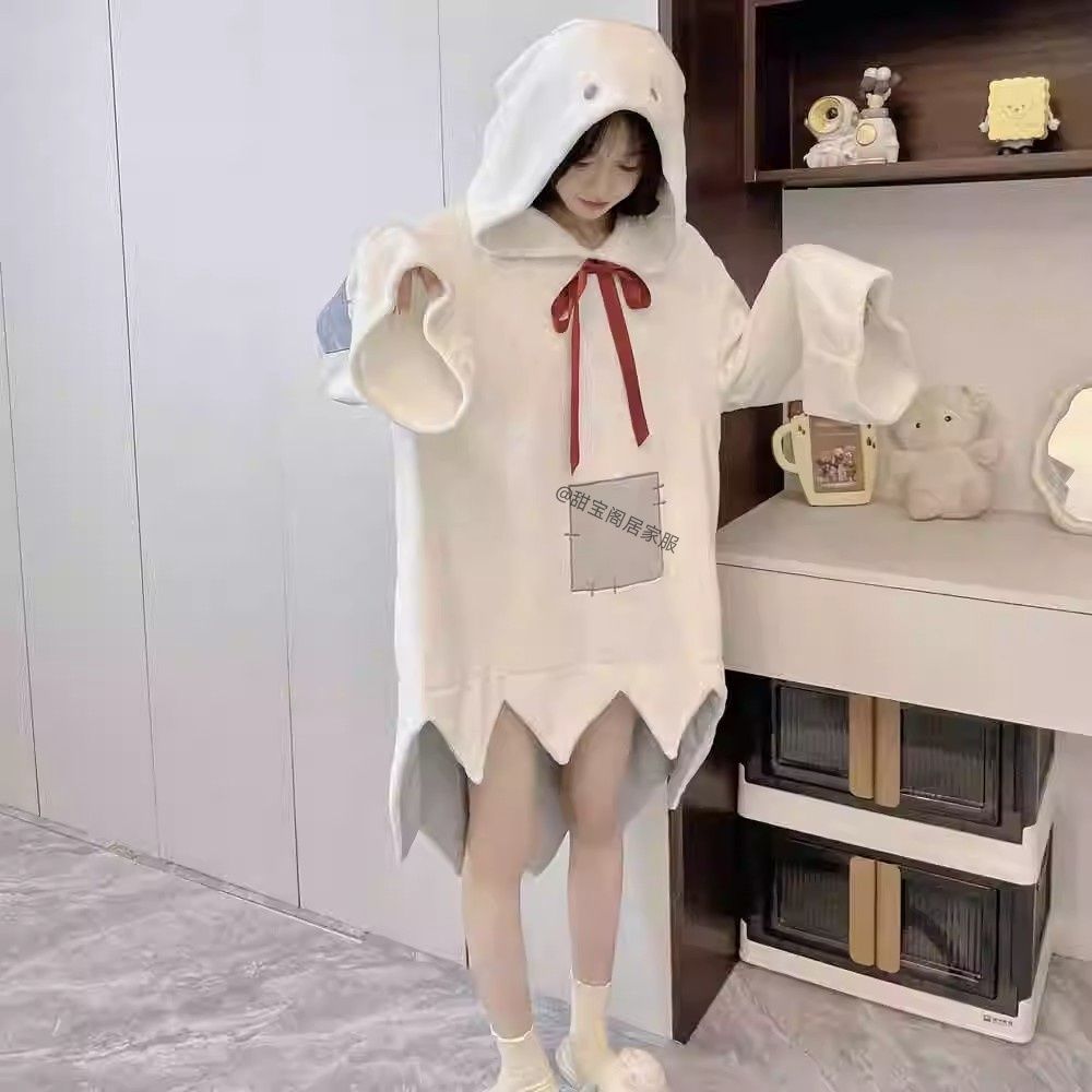 着ぐるみパジャマかわいい 小さな幽霊 パジャマ レディース ファッション 秋冬の新作 部屋着セットマント 厚手 二次元 ルームウェア コーラルフリース 着心地の良い